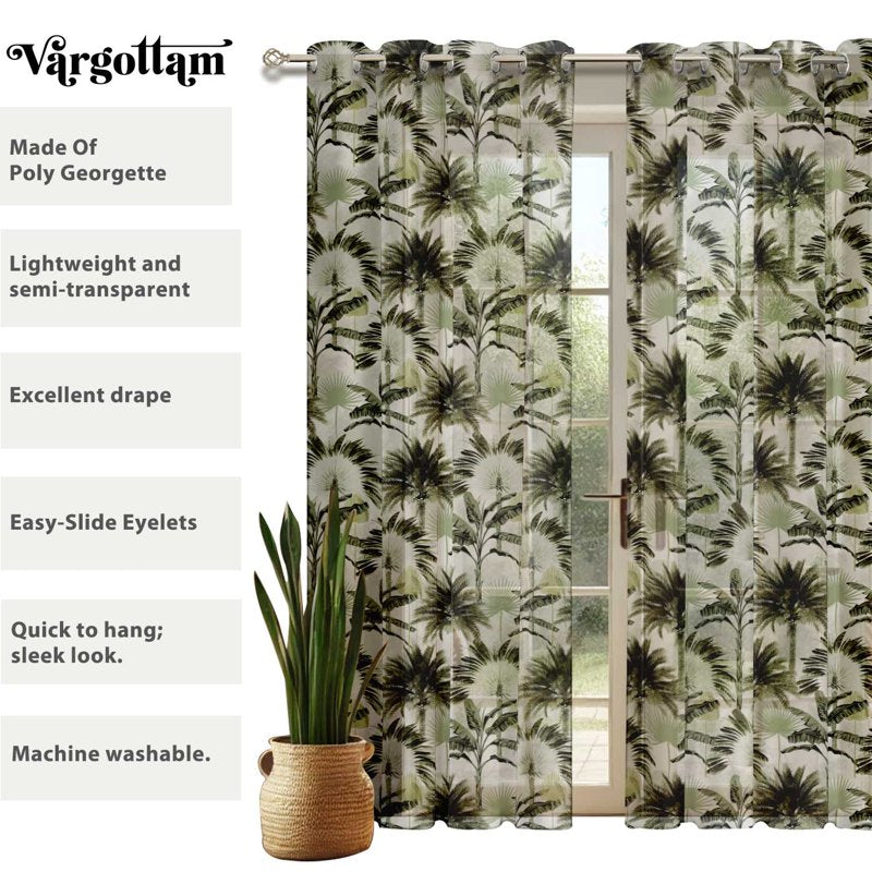Light Filtering Tropical Tree Print Sheer Curtains for Windows & Doors - Set of 2 Panels