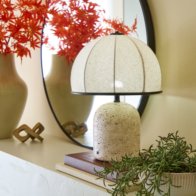 Rechargeable 14-Inch Stone Gourd Table Lamp with Fabric Shade - Modern Indoor Accent Light