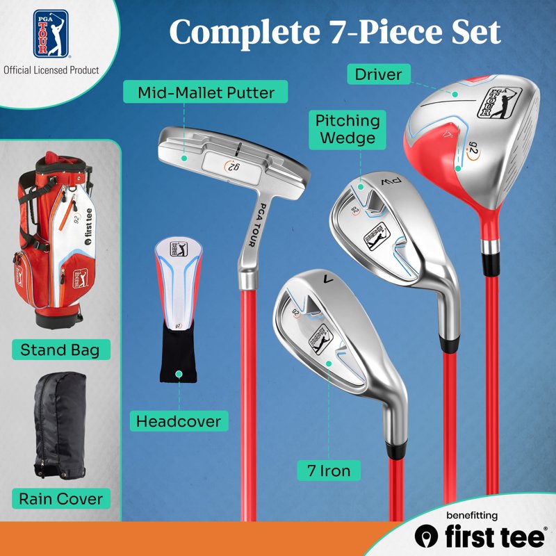 PGA TOUR x First Tee 7-Piece Junior Golf Club Set - Right-Handed, 4'8"–5'3", Red (With Stand Bag) - Variation: Right-Handed, Red - Heights 4'8" to 5'3"