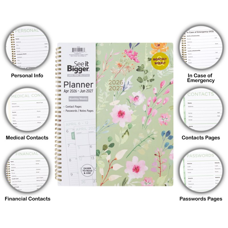 Large Floral Monthly Weekly Planner 15-Month Dated 9x11 Green Cover