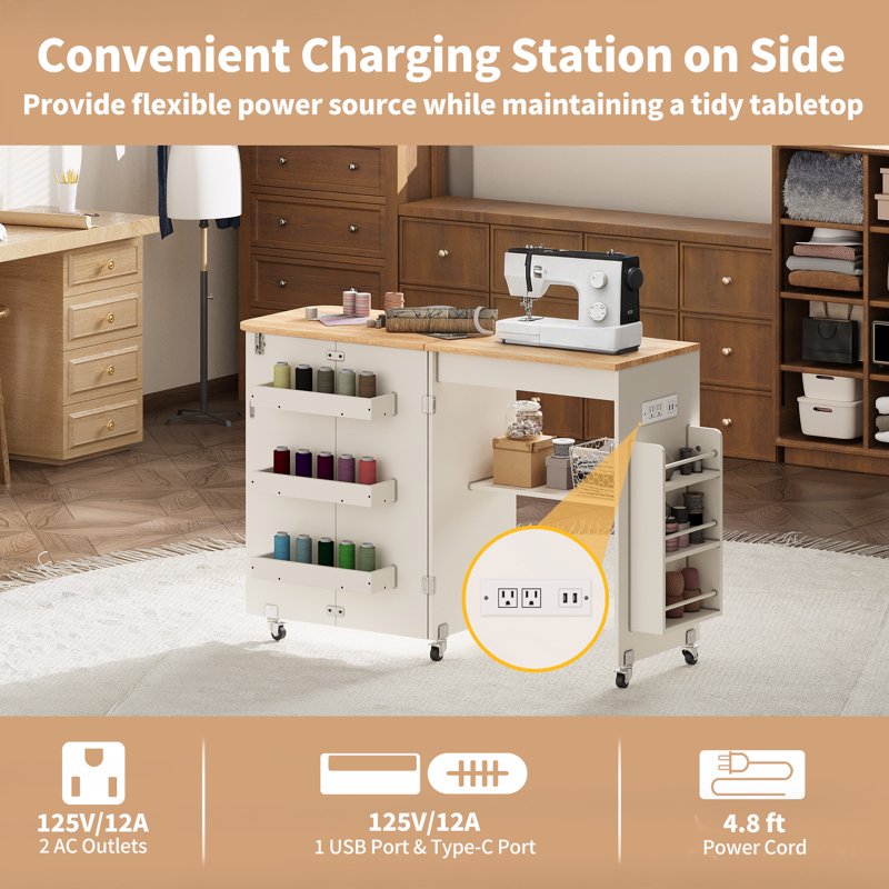 Foldable Sewing Table with Storage and Power Outlet — Space-Saving Craft Desk
