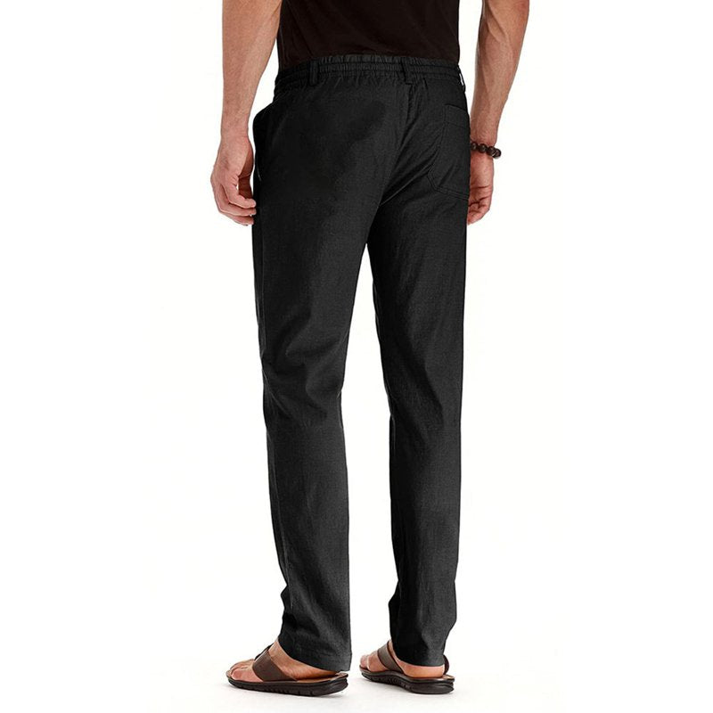 Men's Elastic Waist Cotton Pants for Seniors - Loose Straight Leg Trousers with Pockets
