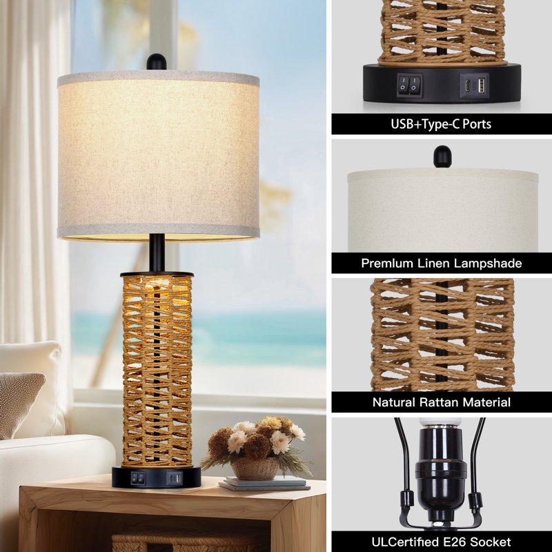 Set of 2 Rattan Woven Table Lamps with Dual Switches & USB Charging Ports - Farmhouse Nightstand Lighting