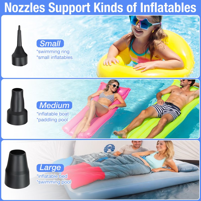 Electric Air Pump for Inflatables, Portable Inflator & Deflator with 3 Nozzles