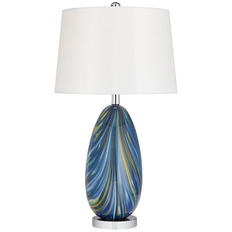 Modern Blue Art Glass Table Lamp with White Tapered Drum Shade - 27 Inch