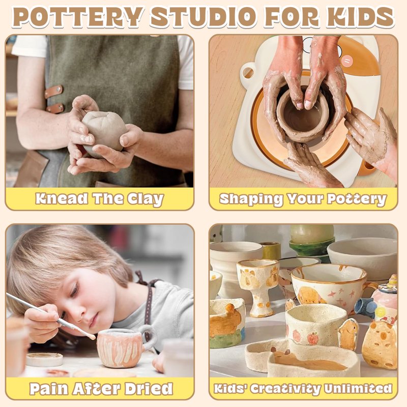 Kids Pottery Wheel Set with Air Dry Clay & Paint Craft Kit for Ages 8-12