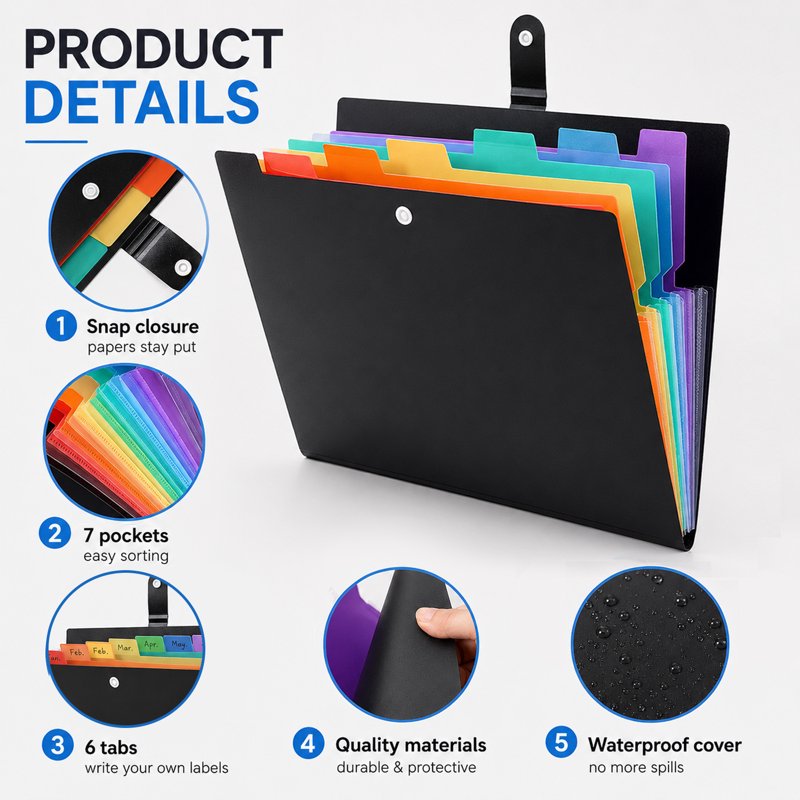 PUCACHI 7-Pocket Expanding File Folder Set - Letter Size Office & School Organizer
