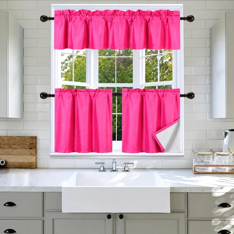 3-Piece Faux Silk Blackout Kitchen Curtain Set with Valance - Multiple Colors