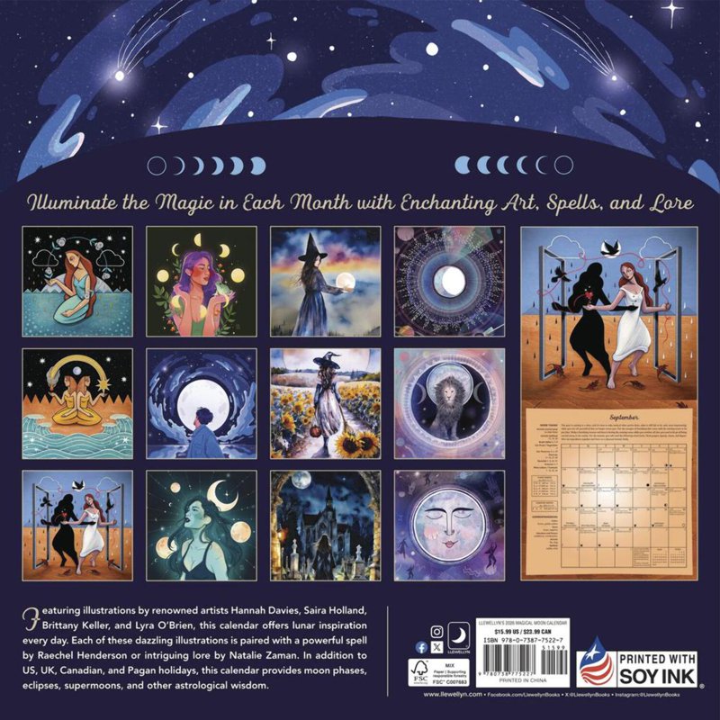 Lunar Moon 2026 Wall Calendar with Moon Phases and Astrology - Enchanting Moon Artwork
