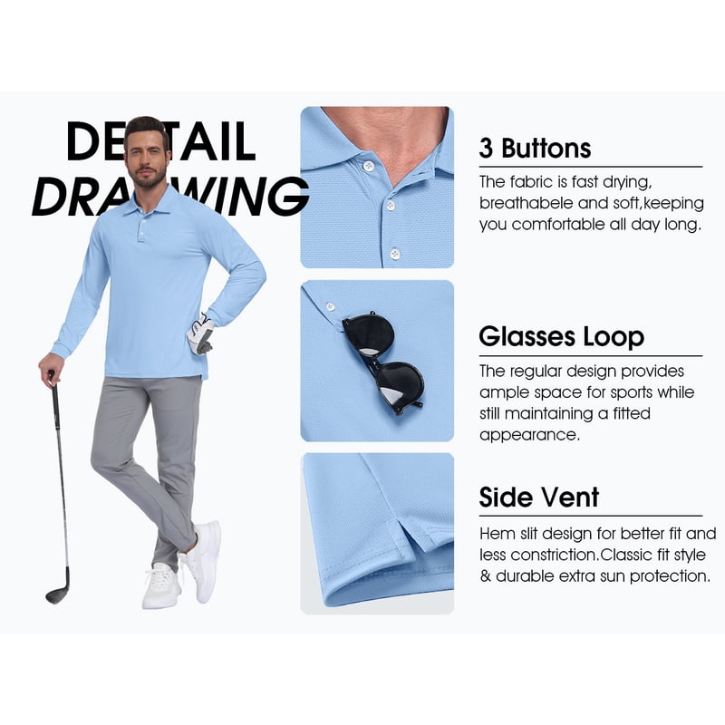 Men's Golf Polo Shirts Long Sleeve UPF 50+ Lightweight Quick Dry Casual Tops