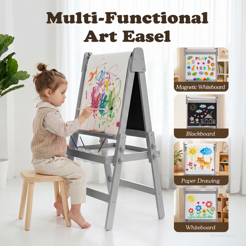 Kids Art Easel with Double-Sided Blackboard & Whiteboard, Adjustable & Foldable