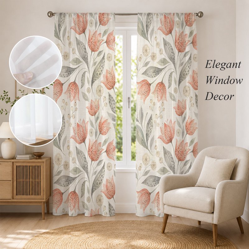 Peach Floral Sheer Curtains Set - 96 Inch Length, Multiple Sizes, Farmhouse Style