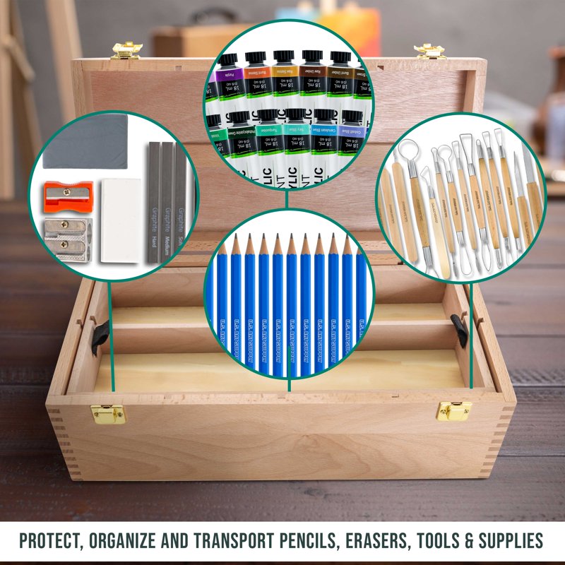 Art Supply Wooden Tool Storage Box with Removable Tray & Locking Clamps