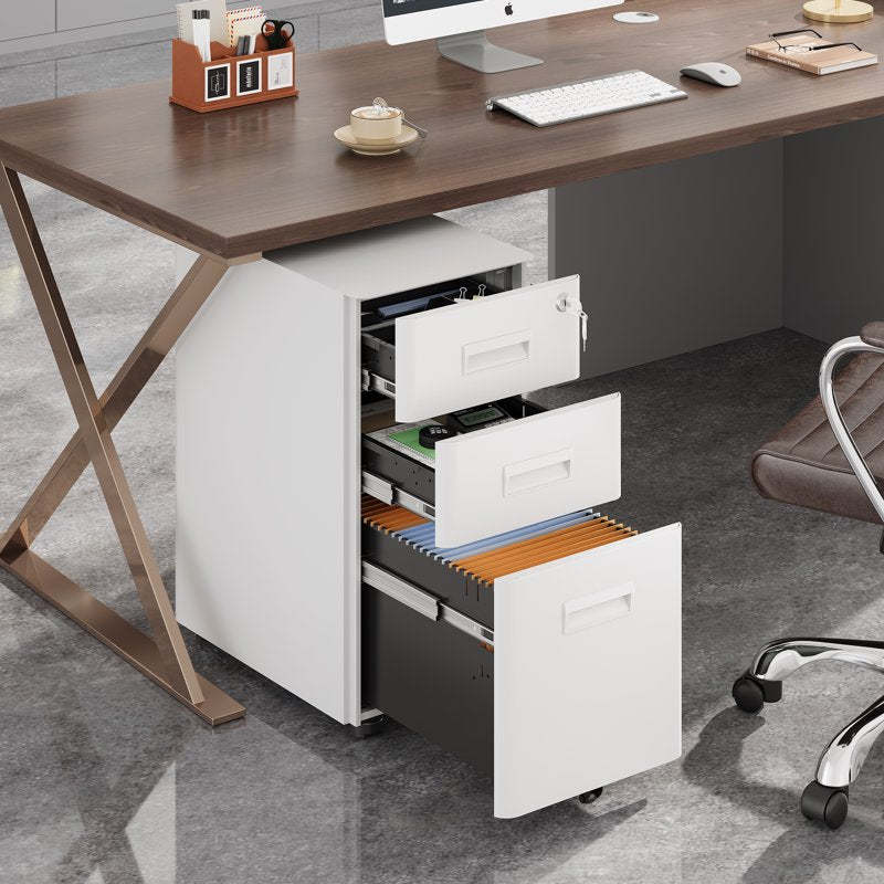 Metal File Cabinet with Lock & Mobile Wheels - 3 Drawer Office Storage