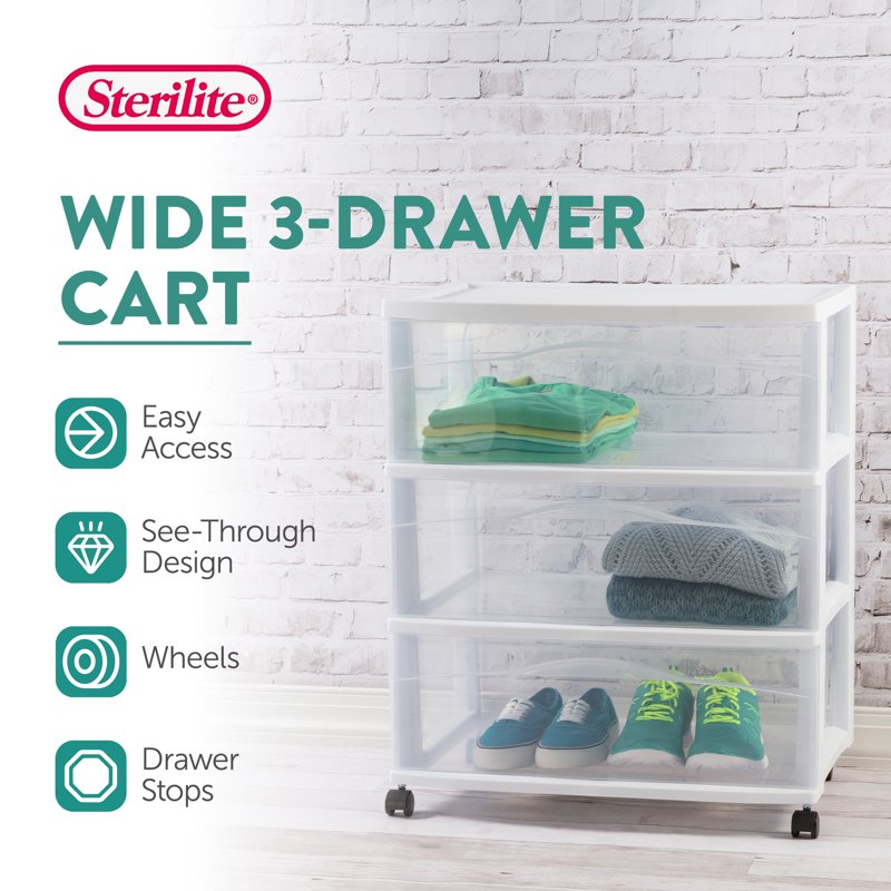 Wide Plastic Storage Cart with 3 Drawers and Casters - Organization Organizer