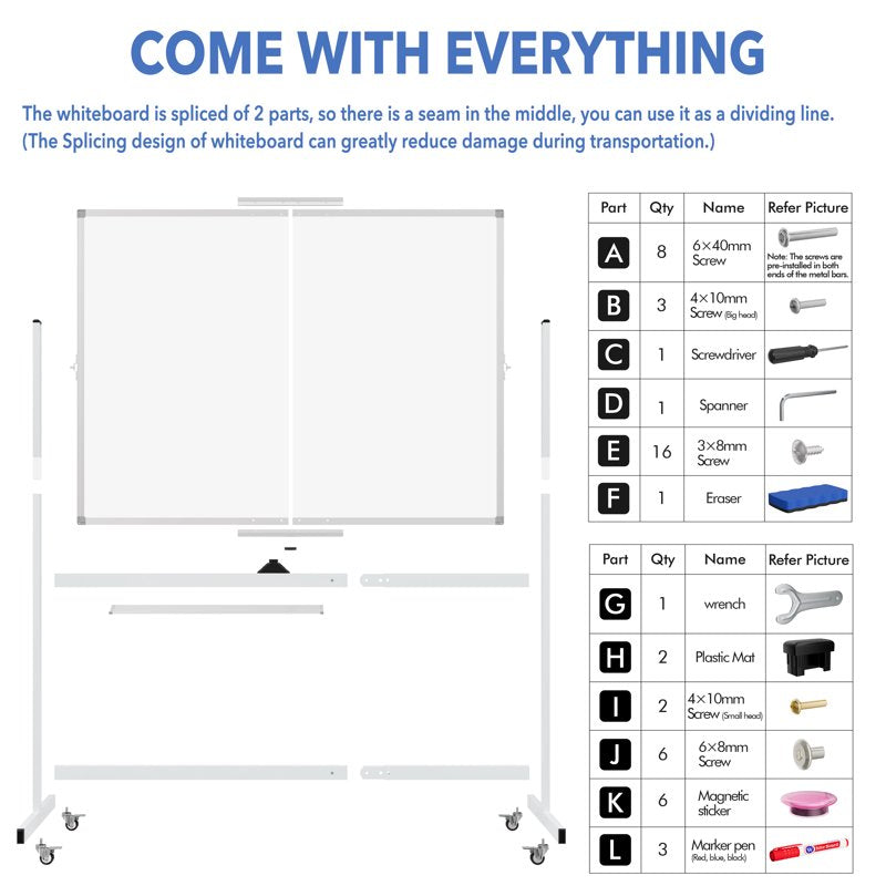 Large Rolling Whiteboard on Wheels - 48 x 36 Inches Magnetic Dry Erase Board with Stand