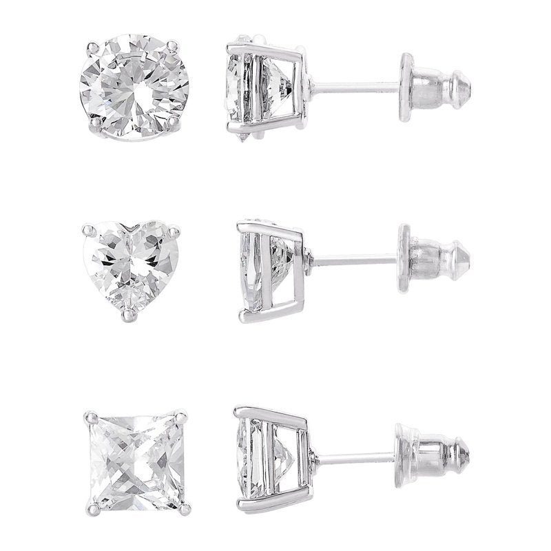 Women’s Silver-Plated Cubic Zirconia Earring Set - Heart, Round & Square Shapes