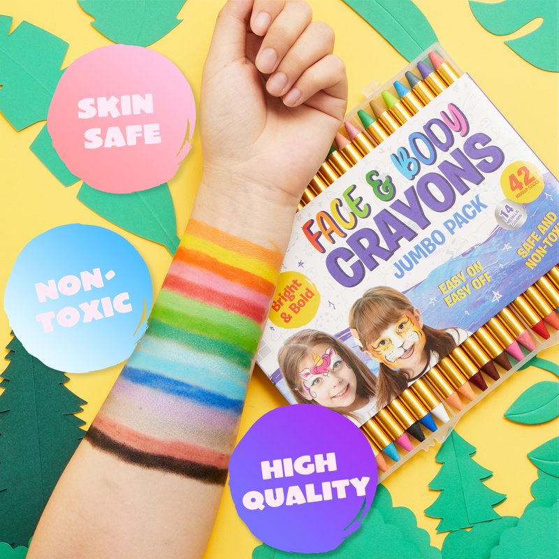 Kids Face and Body Paint Crayons Set - Metallic & Colorful, 42 Pieces