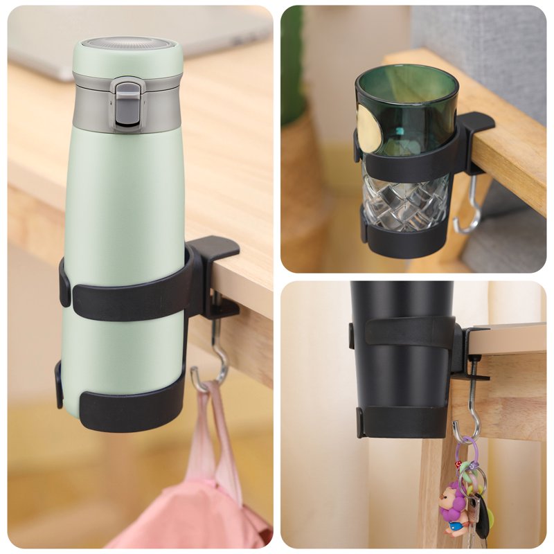 Adjustable Desk Cup Holder Clamp with Hook for Office & Gaming Desks