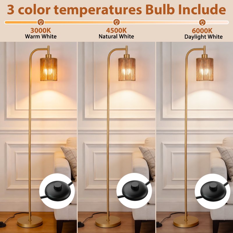 66-Inch Rattan Floor Lamp with 3 Color Temperatures and Foot Switch - Boho Gold Standing Lamp for Living Room, Bedroom, Office