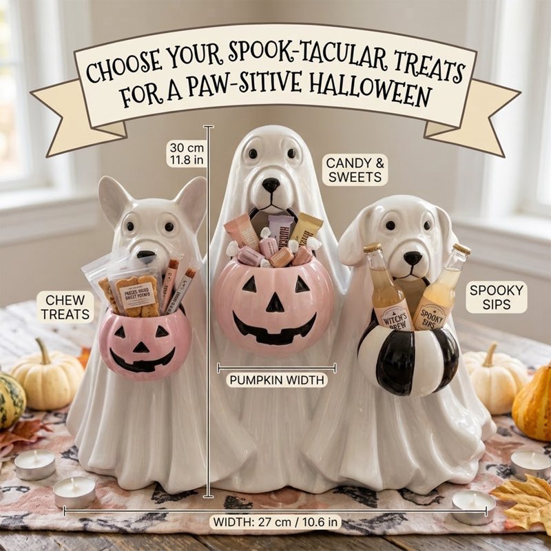 Halloween Ghost Dogs Figurine with Pumpkin Candy Bowl - Indoor & Outdoor Safe Ceramic Decor