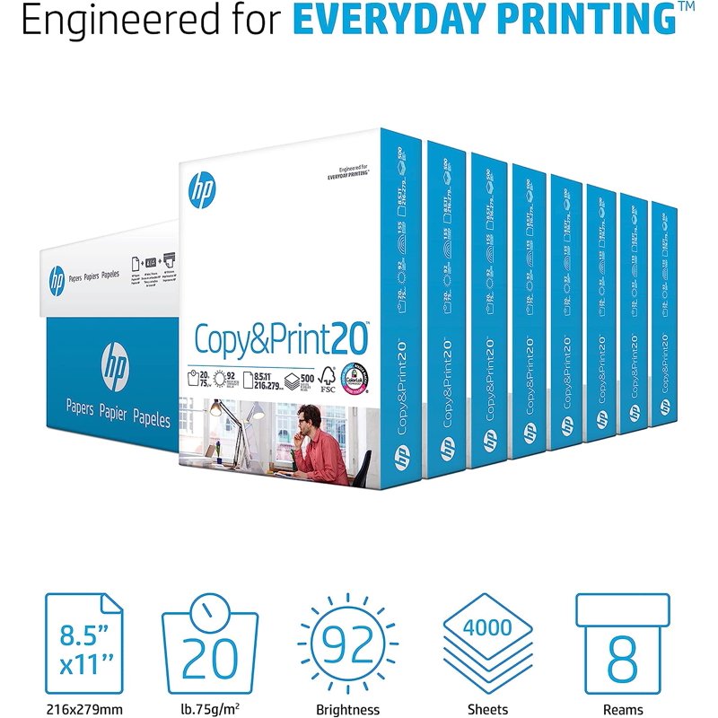 HP 20lb Printer Paper, 8.5x11 Inches, 8 Reams, 4,000 Sheets for Office & Home Use