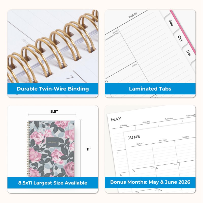 Academic Year Planner Calendar 2026-2027 Weekly and Monthly Organizer, 8.5x11, Flexible Cover, Wirebound, Storage Pocket, Laminated Tabs