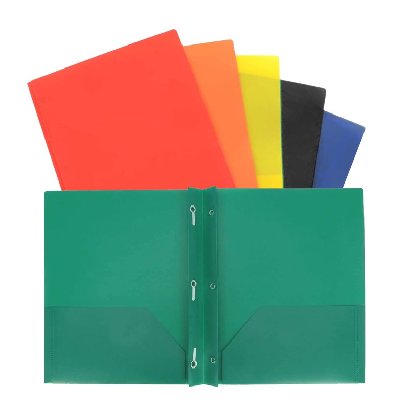 Multicolor Plastic Folder Set with 3 Prong Fasteners - 6 Pack for Office & School