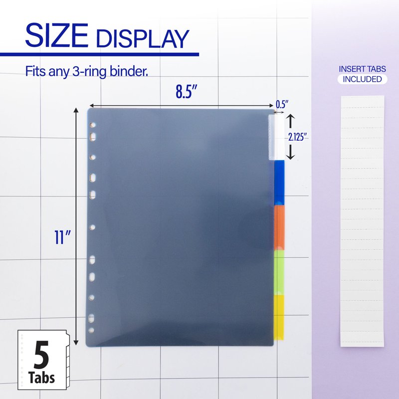 Binder Dividers with 5 Insertable Color Tabs for Organizing - 3-Ring Compatible