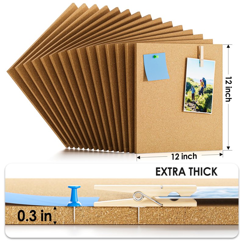 Large Cork Board Tiles for Wall - 15-Pack 12x12 Inch Bulletin Boards for Office & Home