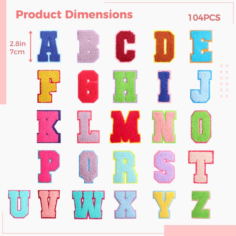 104PCS Colorful Chenille Letter Patches - Iron-On DIY Embroidered A-Z Set