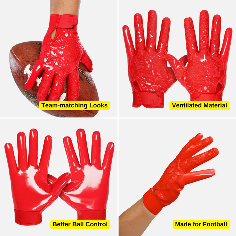 Sticky Football Receiver Gloves for Enhanced Grip - Red, Medium & 2XL