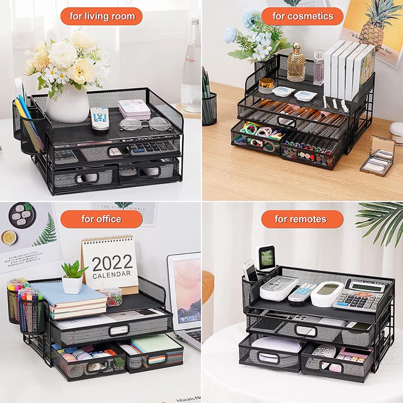 3-Tier Mesh Desk Organizer with Drawer for Office Supplies and Paperwork