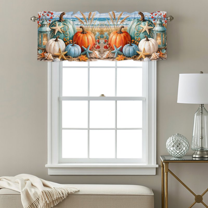 Coastal Fall Valance Window Treatment - Pumpkin & Seashell Design, Multiple Sizes