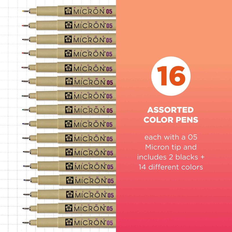 Sakura Pigma Micron Fineliner Pens Set – Archival Ink, 05 Point, 16 Pack