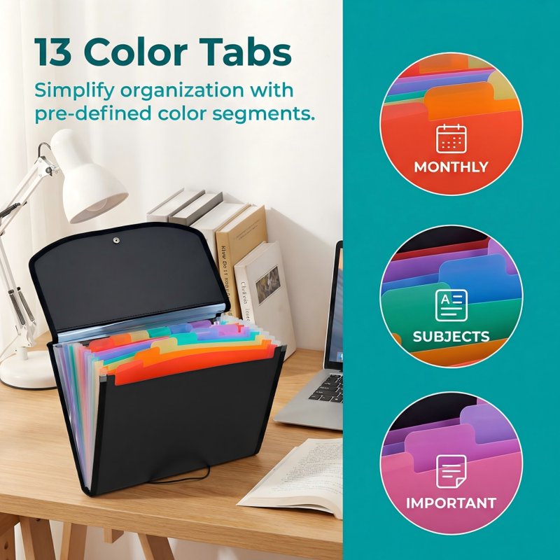Expandable File Folder Organizer with 13 Color-Coded Pockets, Water-Resistant, Holds 1000 Sheets