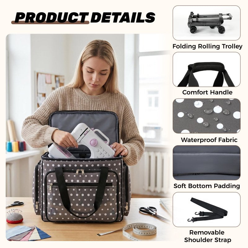 Rolling Sewing Machine Carrying Case Organizer with Removable Bottom Pad