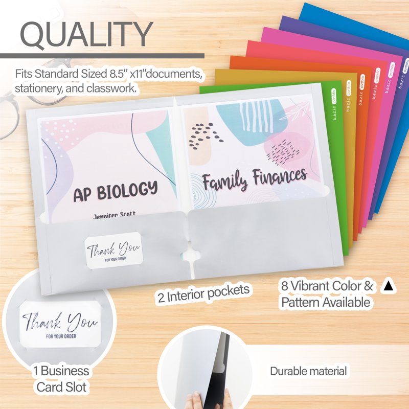 Metallic Laminated 2-Pocket Paper Folder with 3-Hole Punch - 8 Pack
