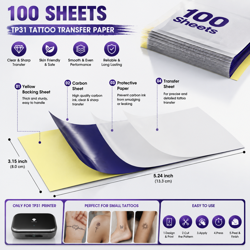 Tattoo Transfer Paper Pack for TP31 Printer - 100 Sheets, 3.15 x 5.24 Inches
