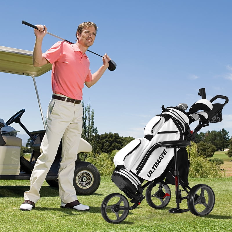 Goplus Folding 3-Wheel Golf Push Cart with Seat, Scoreboard & Adjustable Handle - Grey (Variation: Grey)