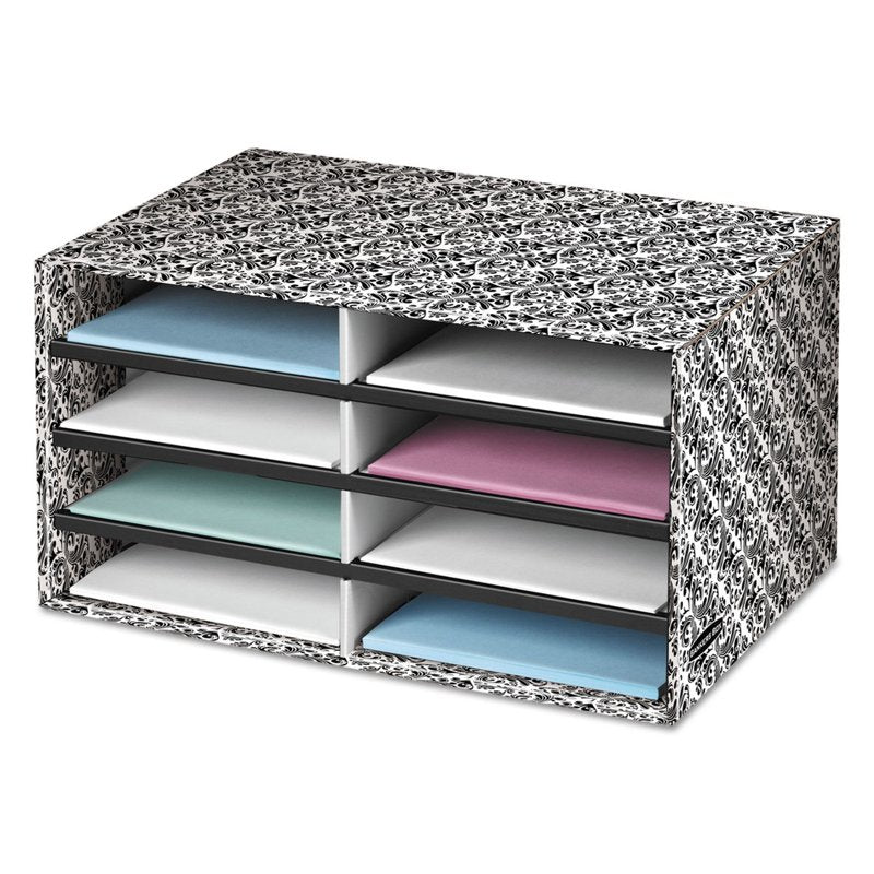 Decorative 8-Compartment Letter Sorter - Black & White Brocade Design