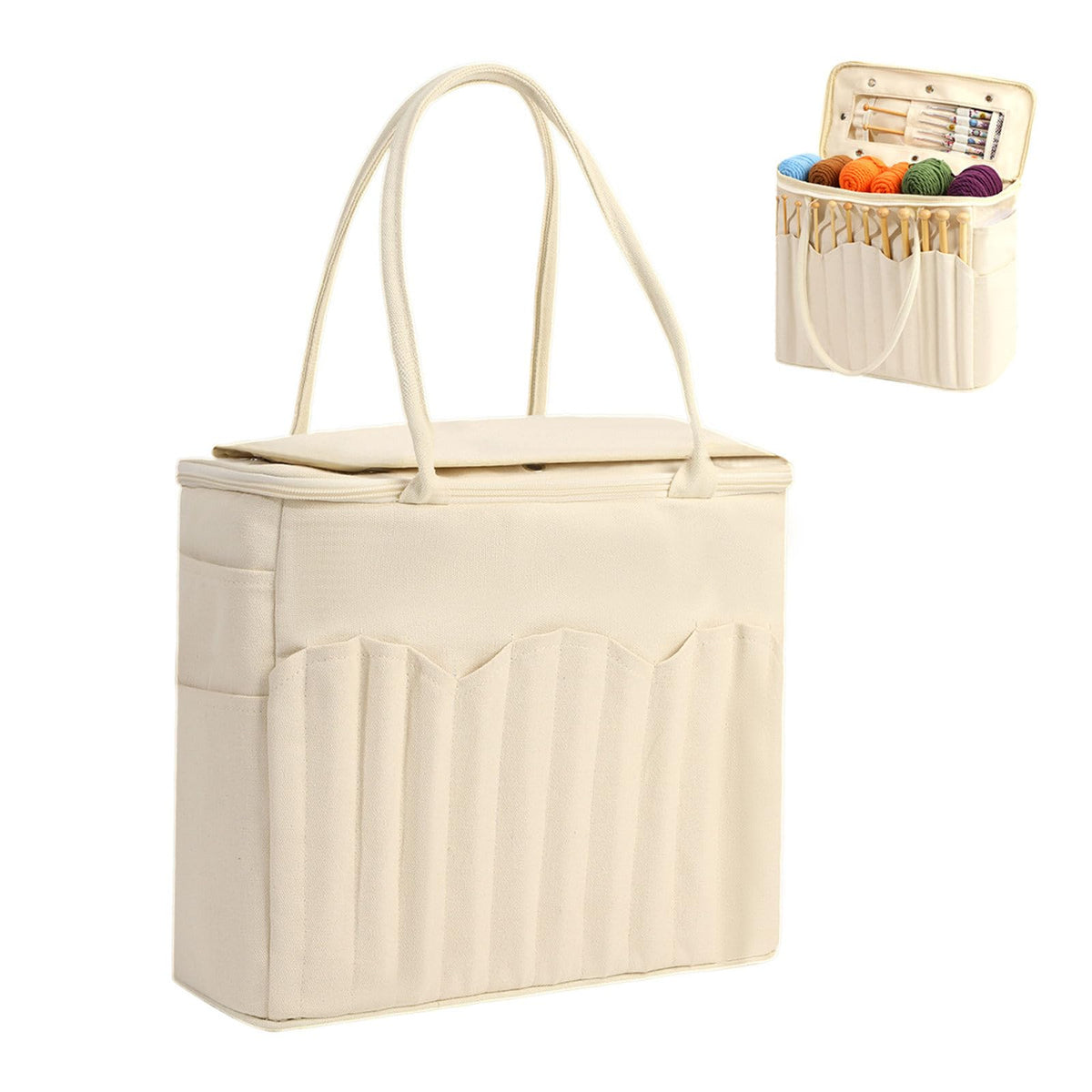 Large Capacity Canvas Yarn Organizer Tote Bag with Multi-Pockets for Knitting & Crochet