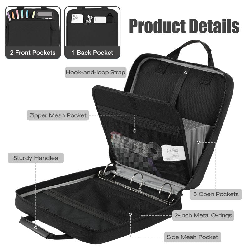 2-Inch 3-Ring Zipper Binder with Strap Handle, Multi-Pocket Office & School Organizer