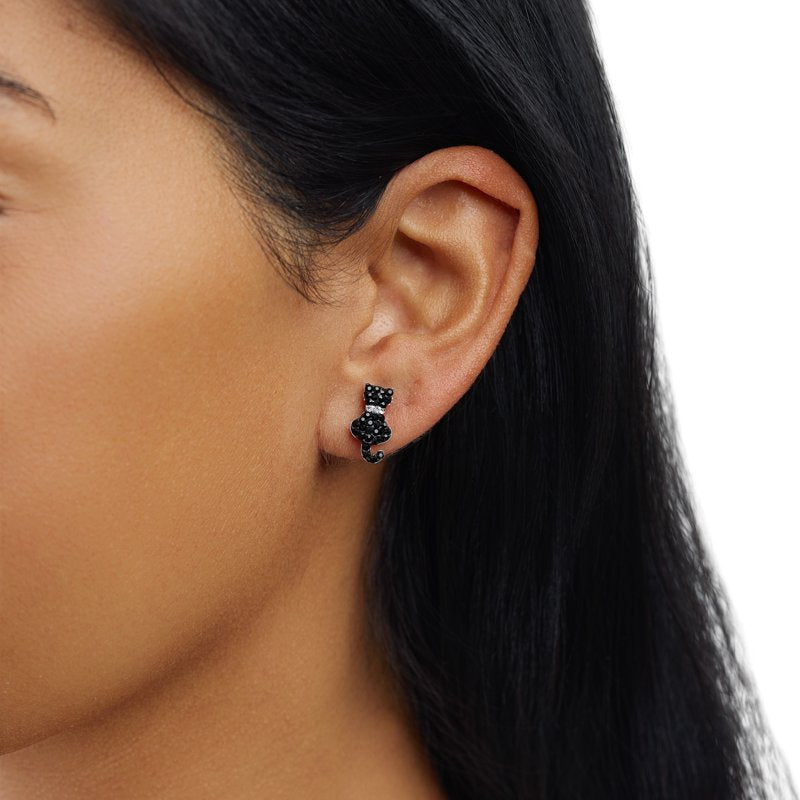 Sterling Silver Black Crystal Cat Stud Earrings for Women & Teens