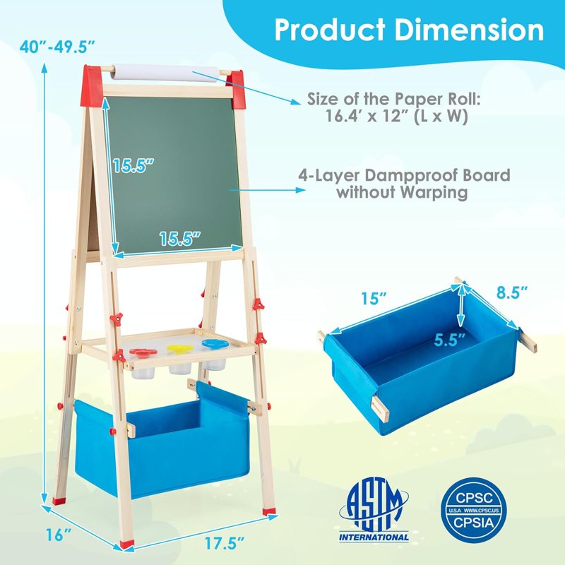 Kids Wooden Art Easel with Magnetic Chalkboard Whiteboard & Paper Roll - Height Adjustable & Storage