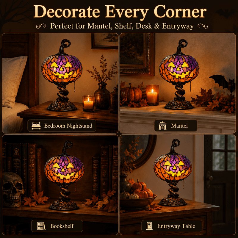 Halloween Stained Glass Pumpkin Table Lamp 9 Inch Jack O Lantern Desk Light