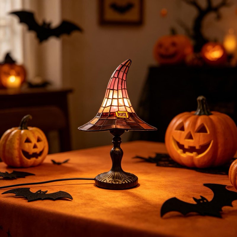 Halloween Decor Witch Hat Lamp - LED Night Light for Indoor Shelves and Tables - Gothic Home Accent