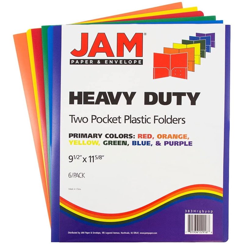Heavy Duty Plastic Folder Set with 2 Pockets - Assorted Primary Colors, 6 Pack