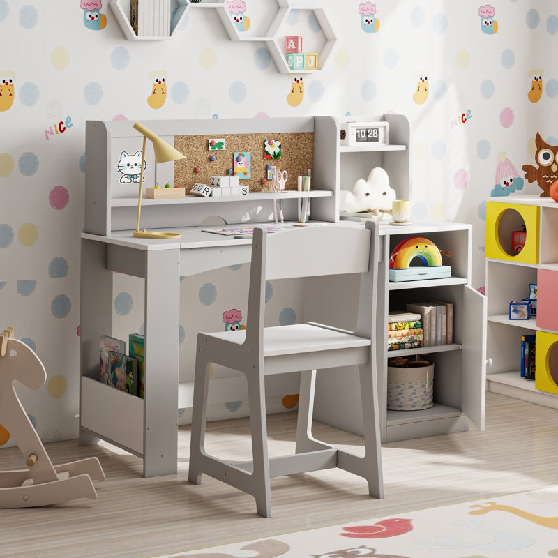 Kids Study Desk and Chair Set with Tiltable Desktop and Storage - Wooden Writing Table for Ages 5-12