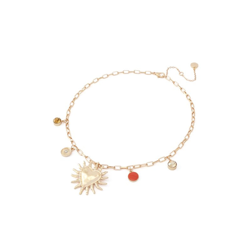Women's Red Heart Sun Charm Bib Necklace - Adjustable Gold Tone Jewelry